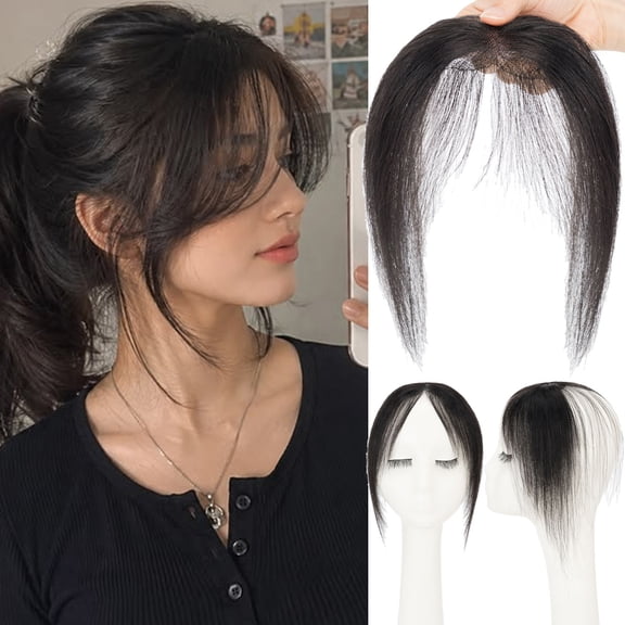 Benehair Human Hair Bangs Clip in Extensions for Women, 100% Real Remy Human Hair Clip on Fringe Wispy See Through Bangs with Temples, Heat Safe Styleable Hairpieces Natural Look