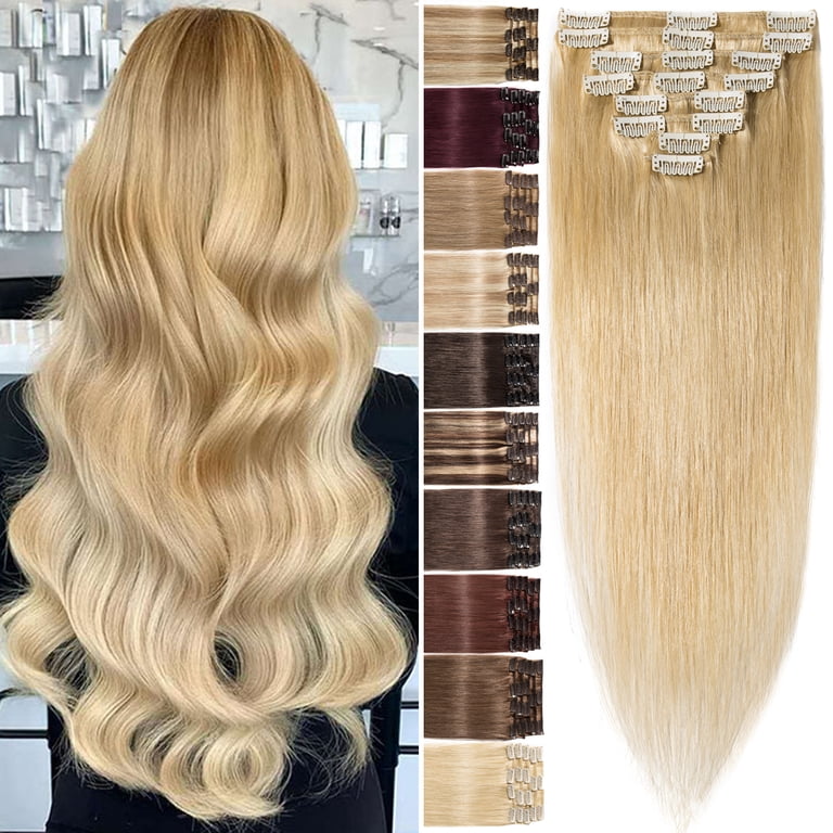 Benehair Clip In 100% Real Remy Human Hair Extensions Double Weft Thick Full Head 18" 20" Body Wave Wavy Highlight Ombre Blonde Hair
