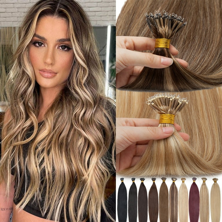 #27 nano ring human hair extensions 22” Amazon.com : S-noilite Nano Bead Hair Extensions Human Hair  main image 3