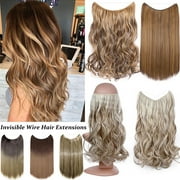Benehair Invisible Hair Extensions Secret Hidden Wire in One Piece Real Long Thick Synthetic Hair 100% Natural Straight Curly Headband Extensions for Women 20" light brown & ash blonde