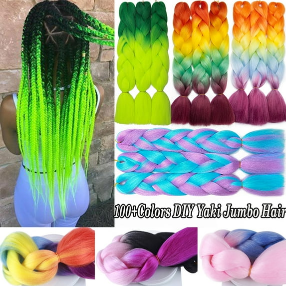 Benehair Jumbo Braiding Hair Extensions 24" Afro Box Braids Crochet Twist Braid Ponytail 24" Dark Purple to Blue to Yellow to Orange