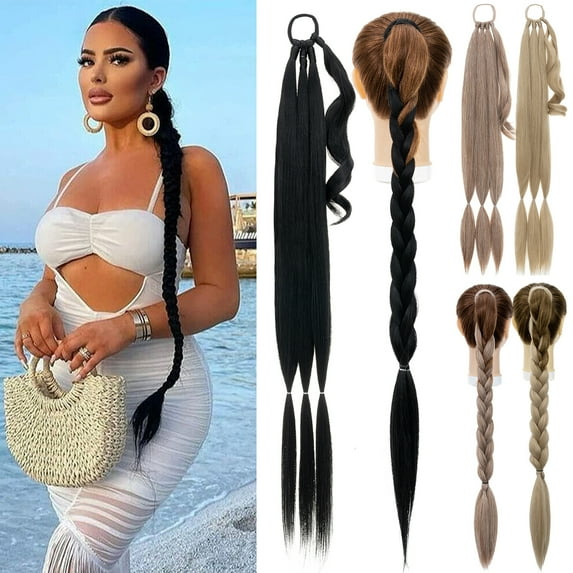 Benehair Long Braided Ponytail Extensions with Hair Tie Straight Wrap Around Hair Extensions Ponytail Ash Blonde 34"