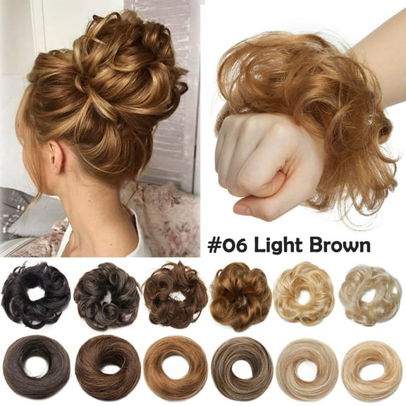 Benehair Messy Bun 100% Human Hair Pieces Extensions Scrunchies Updo Chignons Remy Hair Elastic Band Wavy Curly Soft Browm US