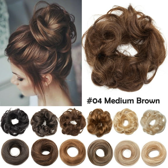 Benehair Messy Bun 100% Human Hair Pieces Extensions Scrunchies Updo Chignons Remy Hair Elastic Band Wavy Curly Soft Browm US
