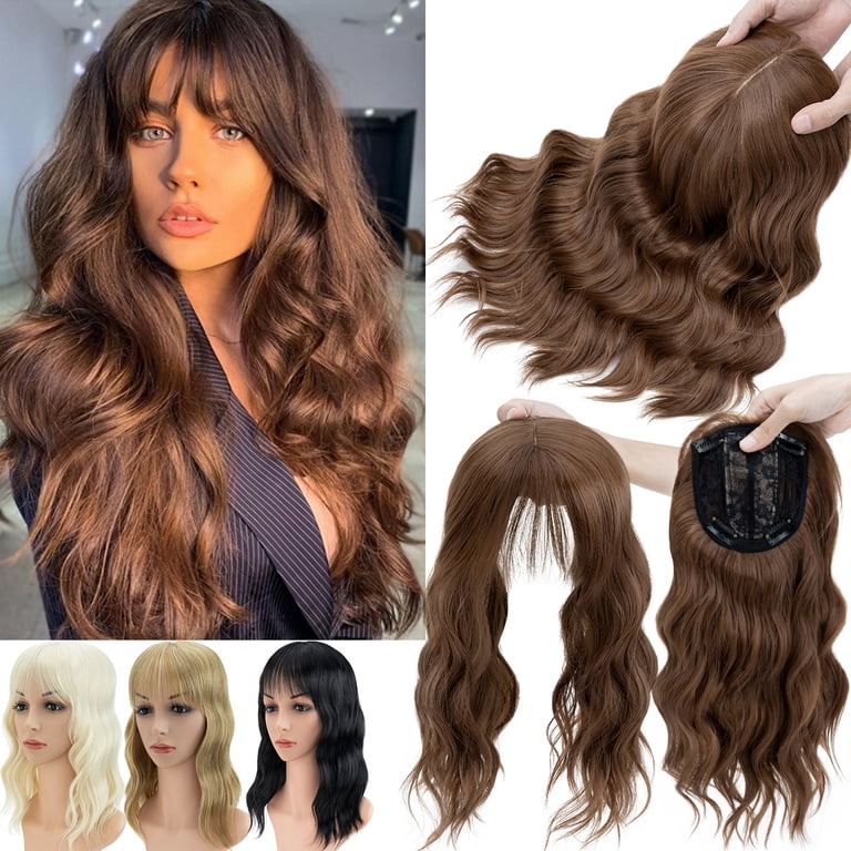 Benehair 14 inch Mix Brown Wave Curl Hair Toppers with Bangs  display picture 2