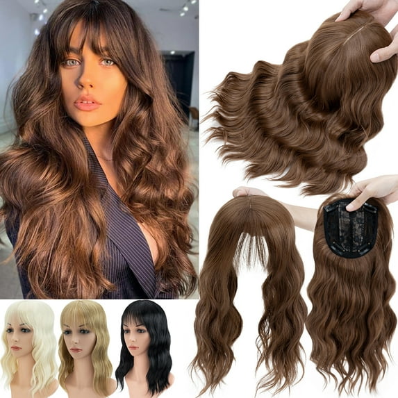 Benehair Mix Brown Wave Curl Hair Toppers with Bangs for Women with Thinning Hair Synthetic Hair Extensions Clip in Hair Top Invisible Seamless Hairpieces 14 inches