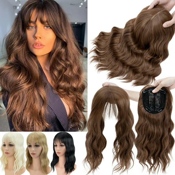 Benehair Mix Brown Wave Curl Hair Toppers with Bangs for Women with Thinning Hair Synthetic Hair Extensions Clip in Hair Top Invisible Seamless Hairpieces 14 inches
