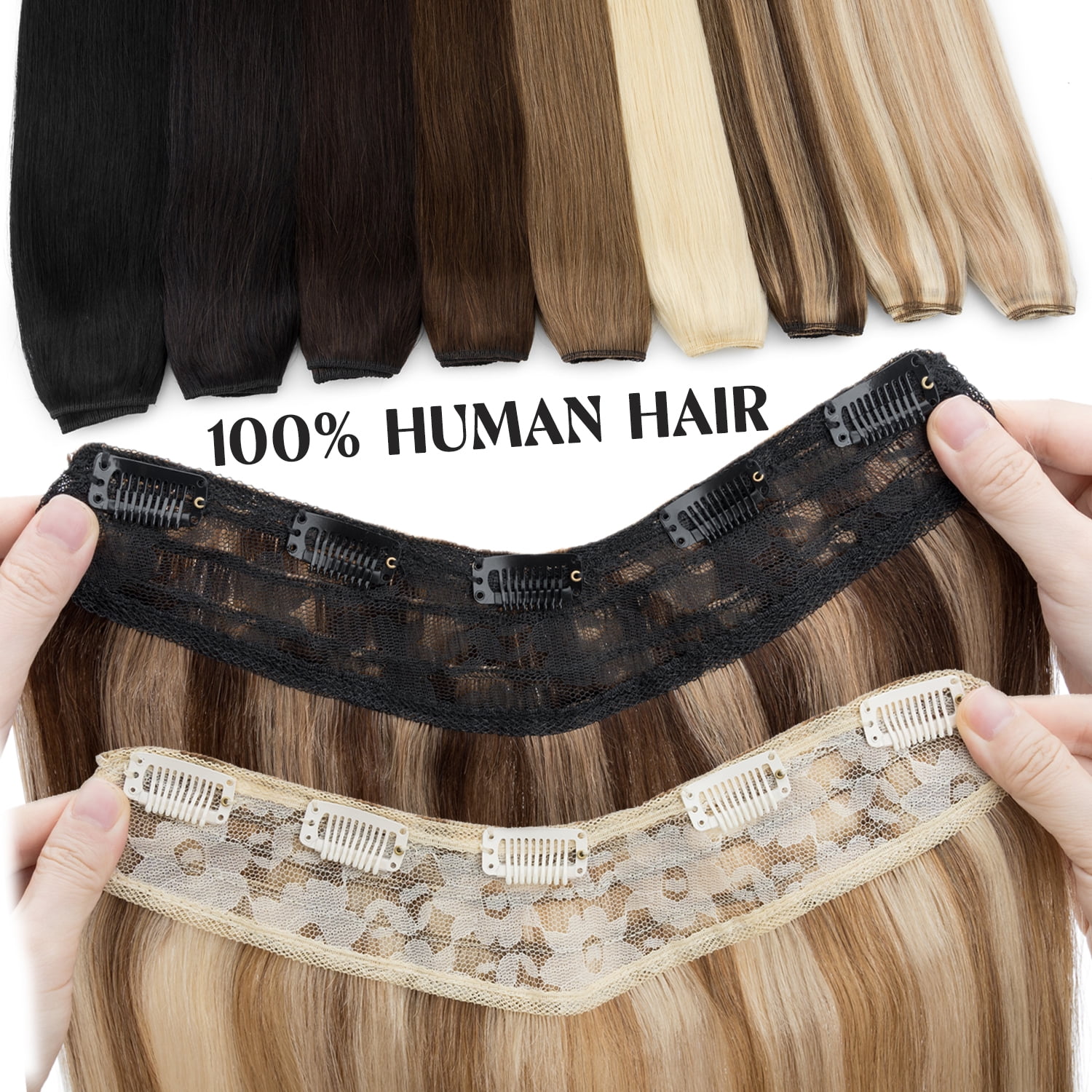 Benehair New V-Shaped Clip In Hair Extensions One Piece 100% Remy Real Human Hair Weft U Shaped 3/4 Full Head Straight Hair Balck for Women