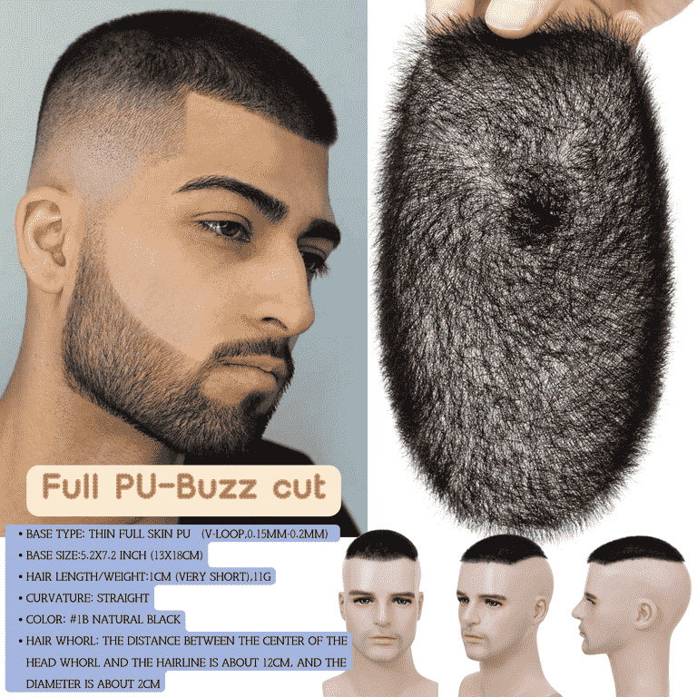 Benehair Poly Skin Thin PU Base Short Toupee Wig Buzz Cut