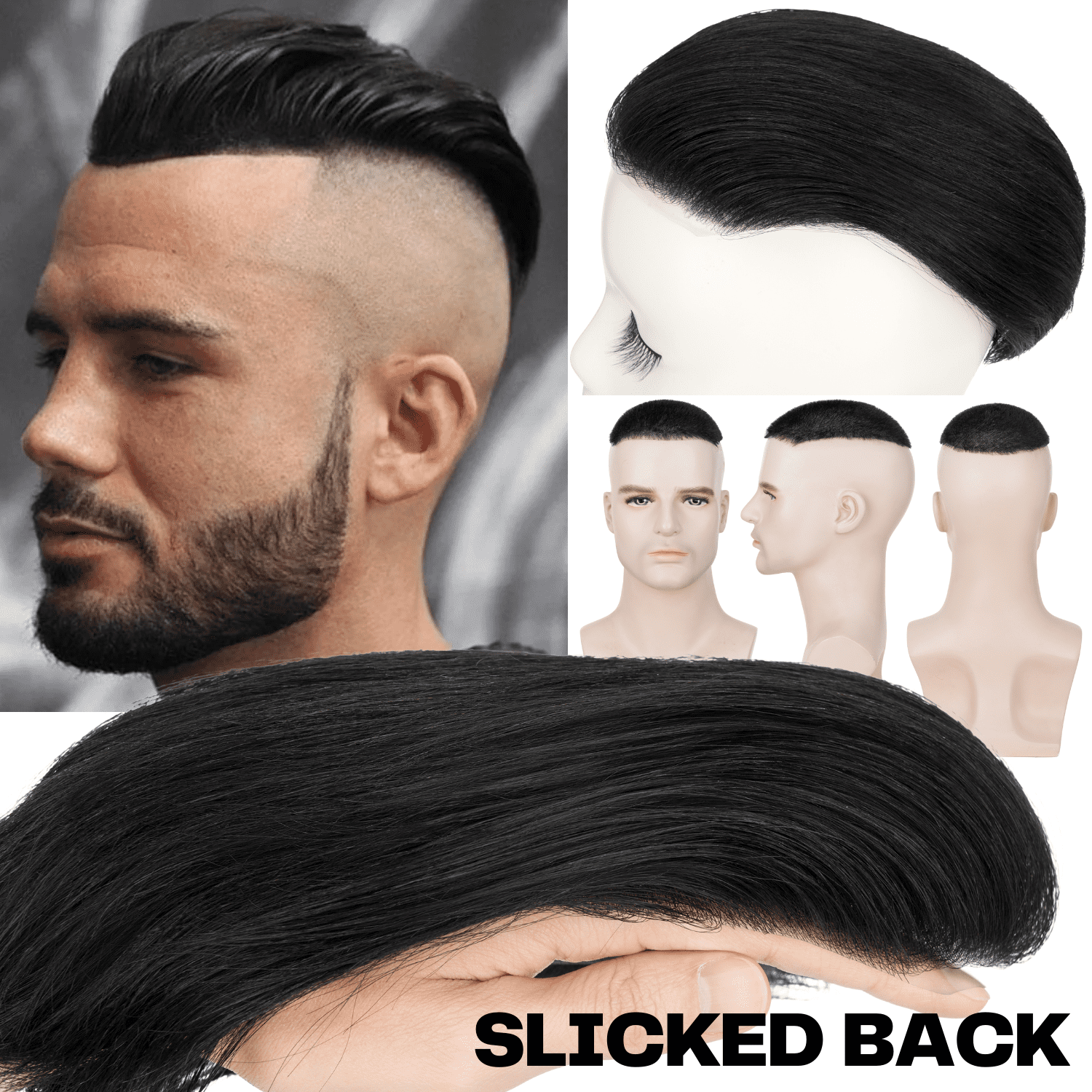 Benehair Poly Skin Thin PU Base Toupee Wig Slicked Base Hairpiece Replacement Systems For Man 100% Remy Real Human Hair Topper Hair Piece 6"*8" Top Piece Natural Black 120% Density