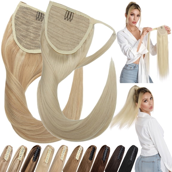 Benehair Ponytail Extension Human Hair Blonde Wrap Around Ponytail Remy Human Hair Ponytail Clip in Extensions One Piece Ash Blonde Highlighted With Bleach Blonde 16" 80G