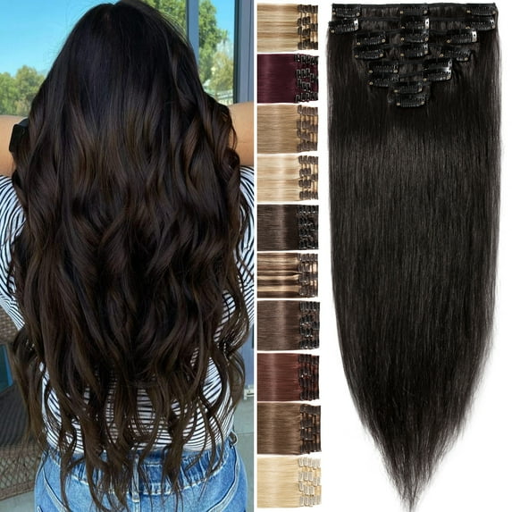 Benehair Clip in Human Hair Extensions Full Head 100% Remy Real Hair 8pcs Black Straight For Women 8"-24"