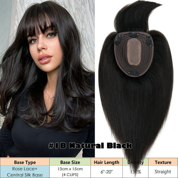 Benehair Real Hair Clip In Extensions Clip In Hairpiece Silk Base Topper Toupee Wiglet Top Hair Piece Crown 100% Remy Human Hair Big Cover With Bang 13cm*15cm Black 6"-22"