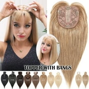 Benehair Womens Hairpieces Silk Base Clip In Topper Toupee Hairpiece With Bangs Hair Loss Black Seamless