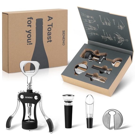 Beneno Multifunctional Wine Bottle Opener Gift Wing Corkscrew, Foil Cutter, Vacuum Stopper & Aerator Pourer, Perfect for Wine Lovers Man Woman, Elegant Black