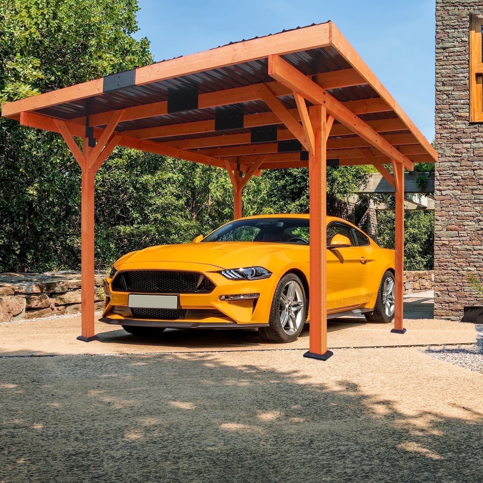 Beneouya 18.3x12.6ft Heavy-Duty Outdoor Wood Carport with Steel Slope Roof