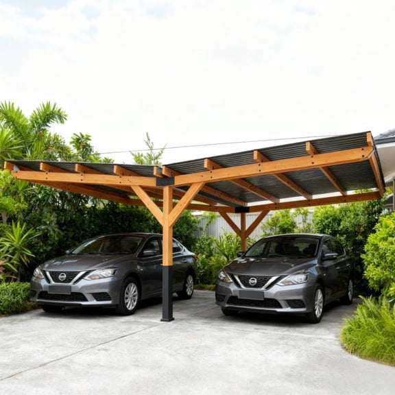 Beneouya 24.5 x 16.6 x 6.5 FT Wood Carport for 2 Cars, Heavy Duty Shelter with Sloped Steel Roof for All Weather