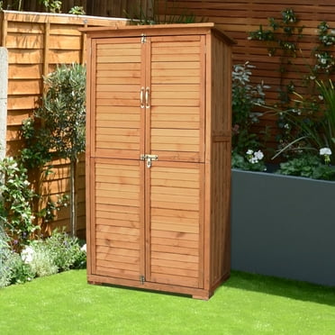 60.6 " Outdoor Storage Cabinet with Lockable Door, Wood Rustic Tool Shed, Natural