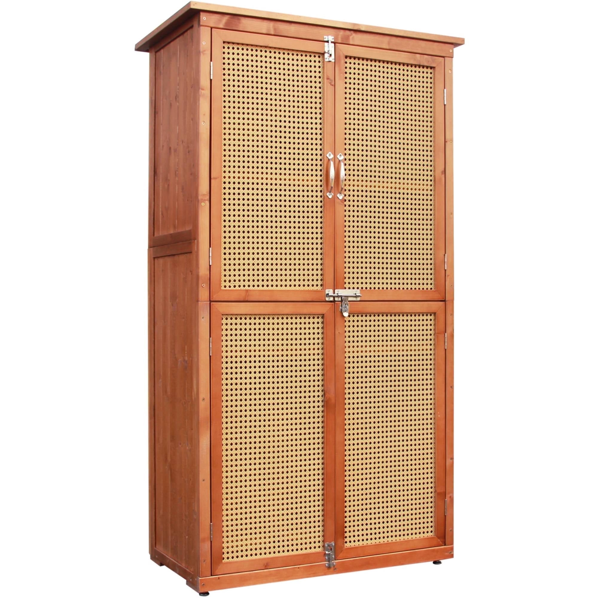 60.6" Storage Cabinet, Wooden Garden Shed with Rattan Doors & Waterproof Roof for Garden, Lawn, Patio - Brown