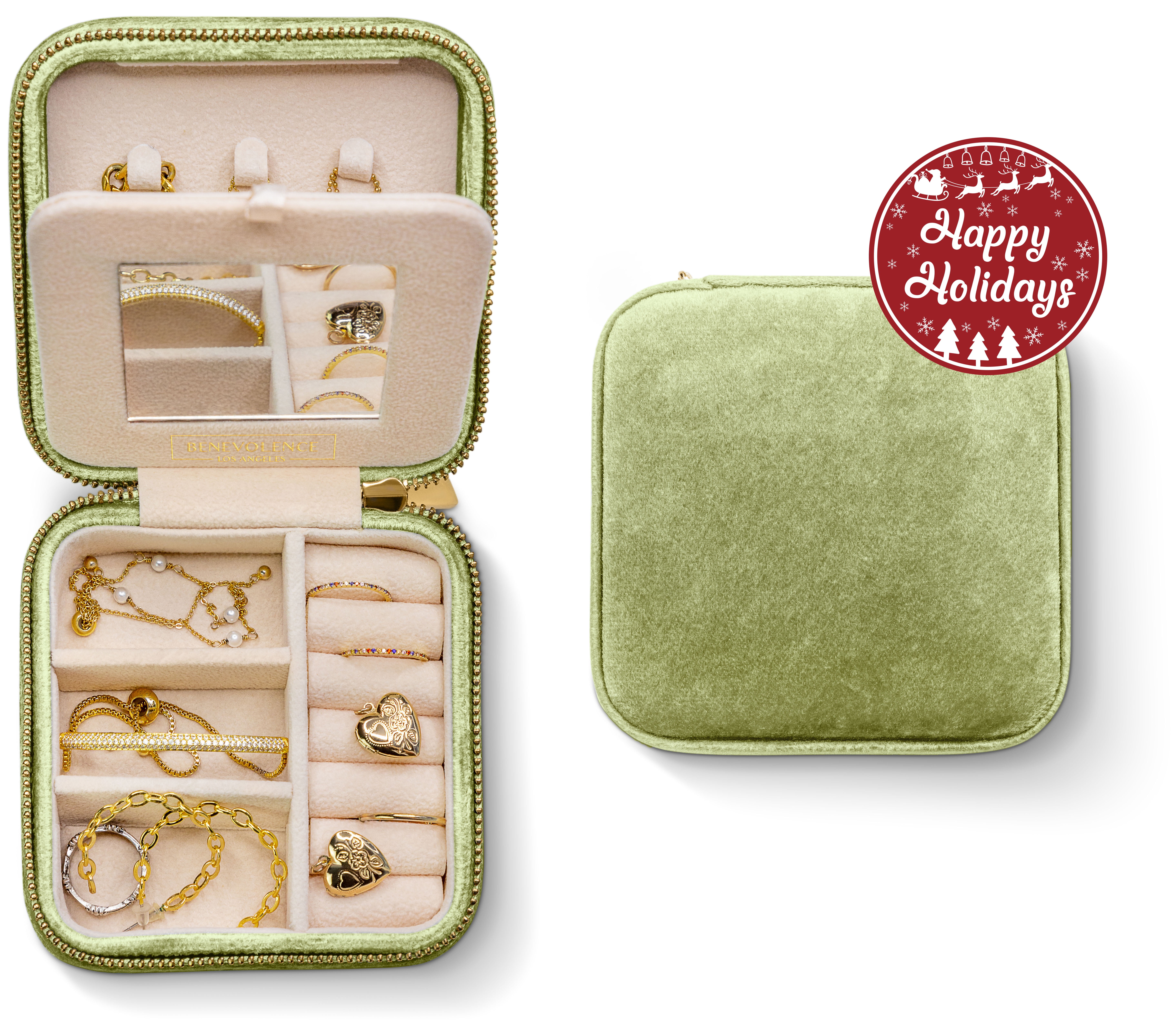 Mistletoe Green Velvet Travel Jewelry Box with Mirror