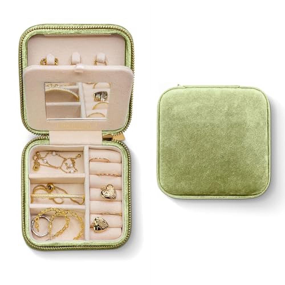 Mistletoe Green Velvet Travel Jewelry Box with Mirror
