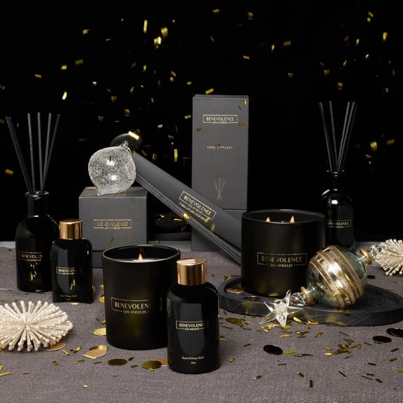 Benevolence LA Rose & Sandalwood Reed Diffuser Set, Oil Refill & 3 Pack of 7 Natural Rattan Sticks with Gift Box | Scented Sticks for Bathroom | Home Decor