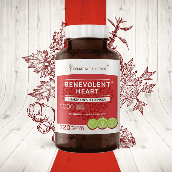 Secrets of the Tribe Benevolent Heart Capsules Dietary Supplement, Natural Herb Blend, Made from Hawthorn, Kudzu, Motherwort, Ginger, Celery 60 Count