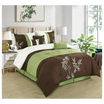 Bengal 7-Piece Bamboo Embroidered Comforter Set California King Size - Sage Green Brown Ivory Bamboo Grass Microfiber Comforter Bedding