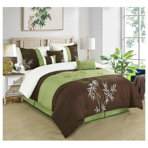 Bengal 7-Piece Bamboo Embroidered Comforter Set California King Size - Sage Green Brown Ivory Bamboo Grass Microfiber Comforter Bedding