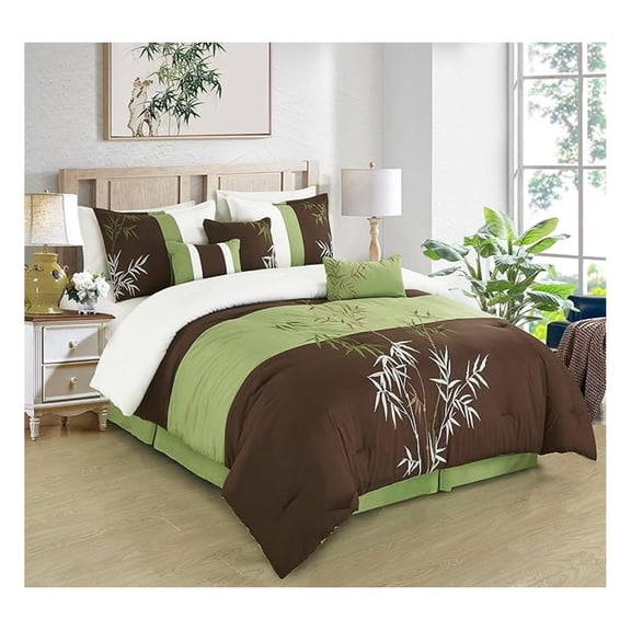 Bengal 7-Piece Bamboo Embroidered Comforter Set King Size - Sage Green Brown Bamboo Grass Microfiber Comforter Bedding
