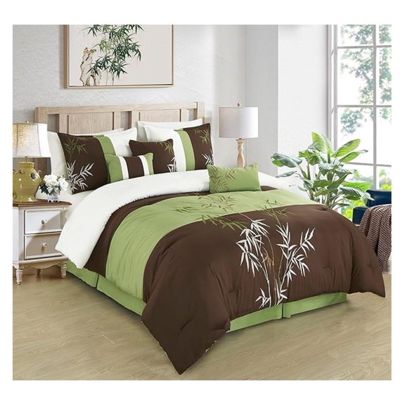 Bengal 7-Piece Bamboo Embroidered Comforter Set Queen Size - Sage Green Brown Bamboo Grass Microfiber Comforter Bedding