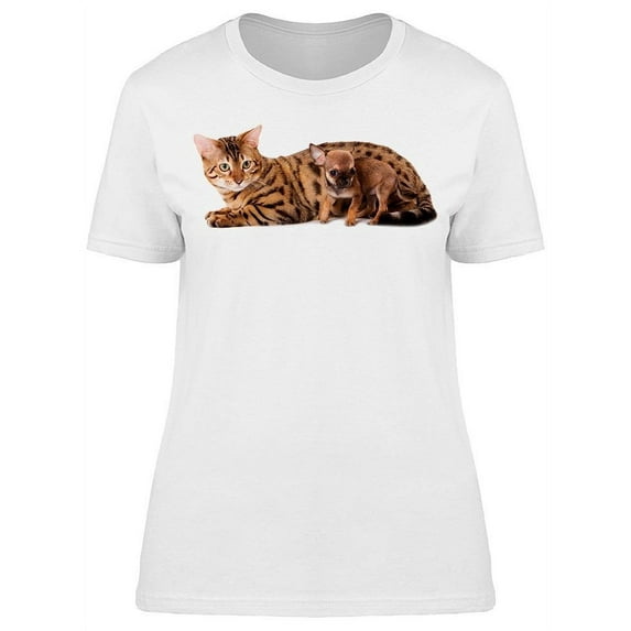 Bengal Cat And Tiny Chihuahua T-Shirt Women -Image by Shutterstock, Female Large