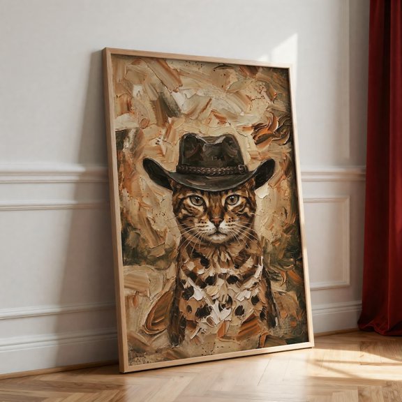 Bengal Cat Cowboy Portrait Print Western Rustic Wall Art