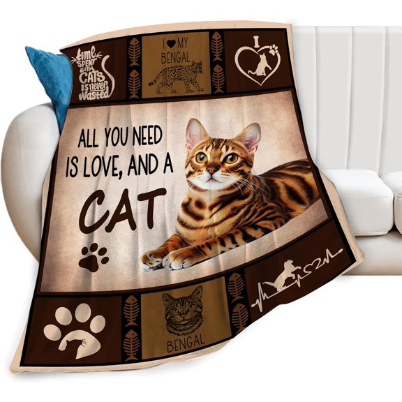 Bengal Cat Throw Blanket For Couch Soft Fleece Blanket with Cute Cat Quotes