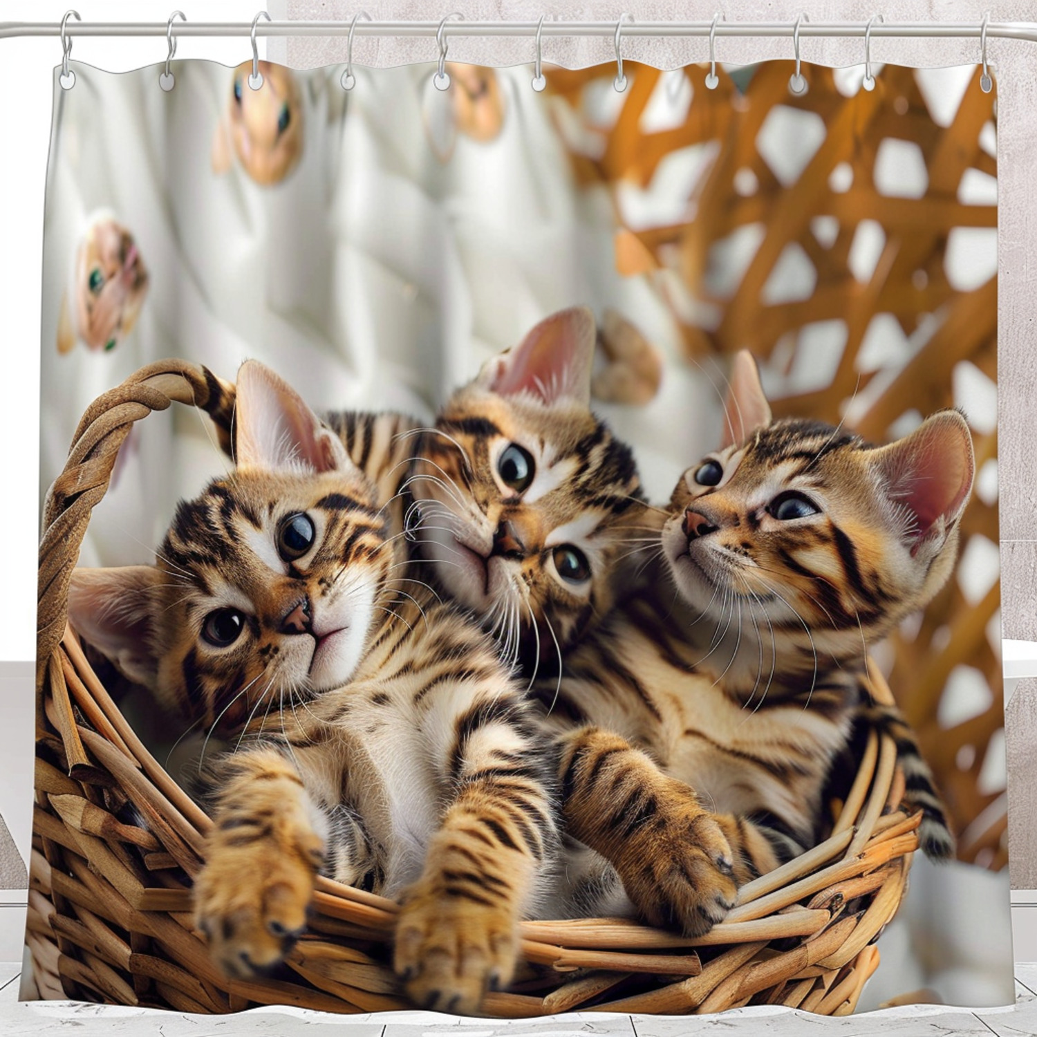 Bengal Cats Playing in Basket Shower Curtain Unique Bathroom Decor with