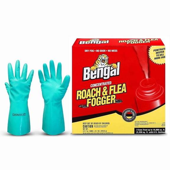 Bengal Concentrated Roach & Flea Fogger, Odorless Mess-Free Dry Fog with Centaurus AZ Gloves 2.7 oz, 3 Count