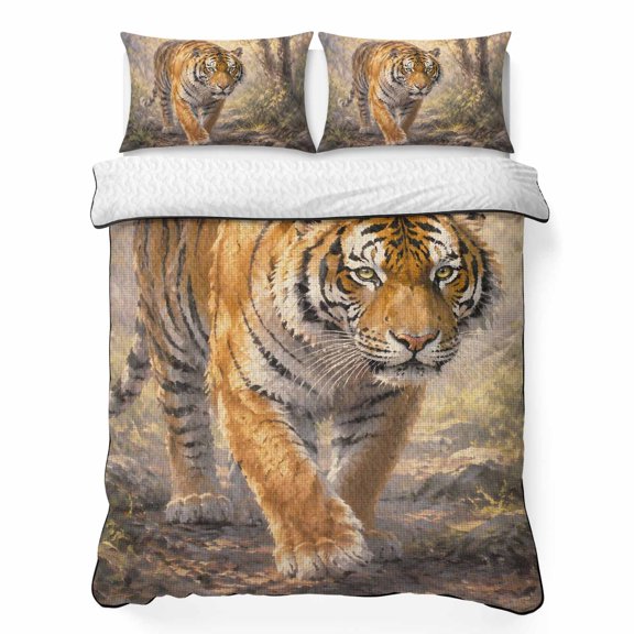 Bengal Tiger 3 Piece Quilt Bedding Set with 2 Pillow Shams, Rustic Natural Jungle Amber Wildlife Forest Path Lightweight Bedspread Coverlet, Soft Breathable All Season Quilt, 79 x 90 Inch