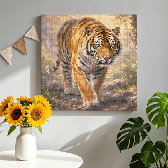 Bengal Tiger Canvas Wall Art for Living Room, Rustic Natural Jungle Amber Wildlife Forest Path Poster Print Painting for Bedroom Office Home Decoration Wall Pictures Prepare To Hang 8"x8"