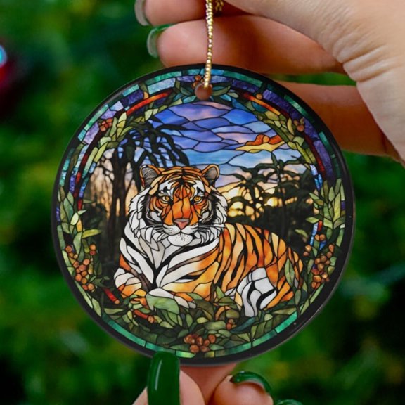 Bengal Tiger Ornament Faux Stained Glass Vacation Gift Ceramic Christmas Tree Ornament Honeymoon Vacay Travel Gift 2D FLAT CIRCLE Ceramic Ornament