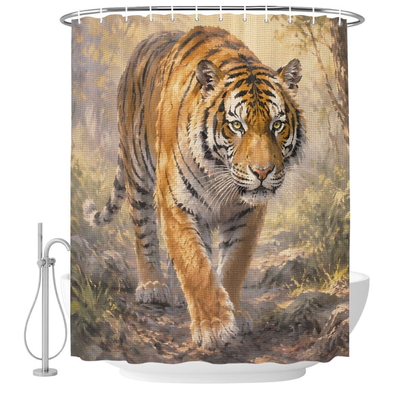 Bengal Tiger Shower Curtain for Bathroom, Rustic Natural Jungle Amber Wildlife Forest Path Waterproof Cloth Fabric Bathroom Accessories Set with 9 Rust Proof Plastic Hooks, 36"x72"