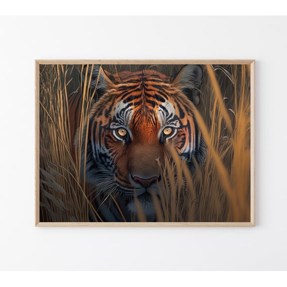 Bengal Tiger Staring Hiding In The Grass Painting Wall Art Matte Print Painting, Savanna Nature Print Wall Decor, Gift For Tiger Lovers Wall Art, Modern Wall Decor, 12x18 UNFRAMED