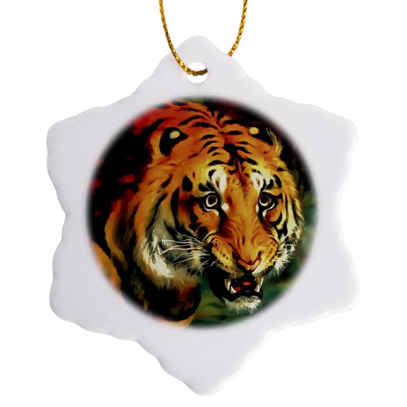 3drose, Snarling Bengal Tiger Head Portrait, 3 inch Snowflake Porcelain Ornament