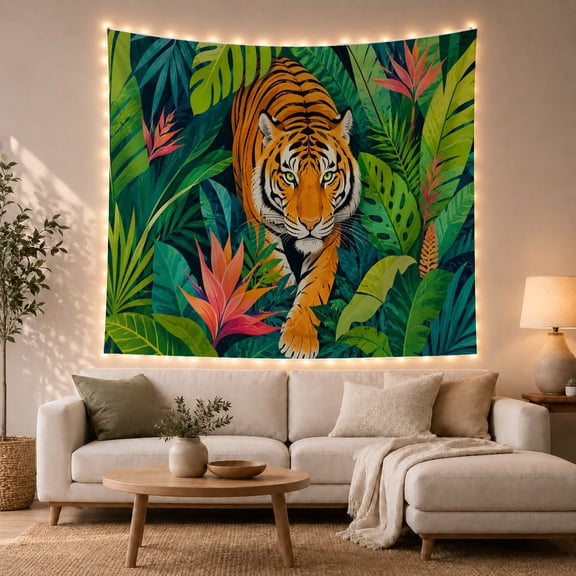 Bengal Tiger Walking Among Jungle Foliage, Dramatic Digital Art for Wildlife Fans, Tropical Animal Decor, Housewarming Gift, Tapestry Wall Hanging for Bedroom and Living Room