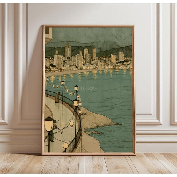 Benidorm Coastal Travel Seafront City Print Skyline Wall Art, Unframed Paper Print