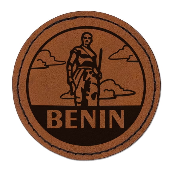 Benin Amazon Statue Country Destination Travel Landmark Round Iron-On Engraved Faux Leather Patch Applique - 2.5 Inch - Brown