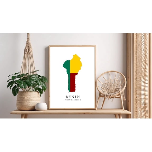 Benin Map Flag Poster Print: Latitude Longitude Coordinates