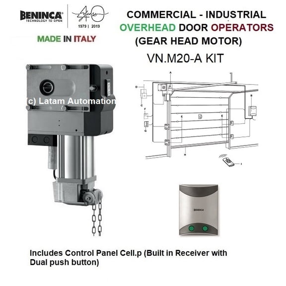 Beninca Commercial Door Operator Chain Hoist (Gear Head Motor) VN.M20-A KIT - Includes Control PANELCELL.P (Built in Receiver with Dual Push Button)