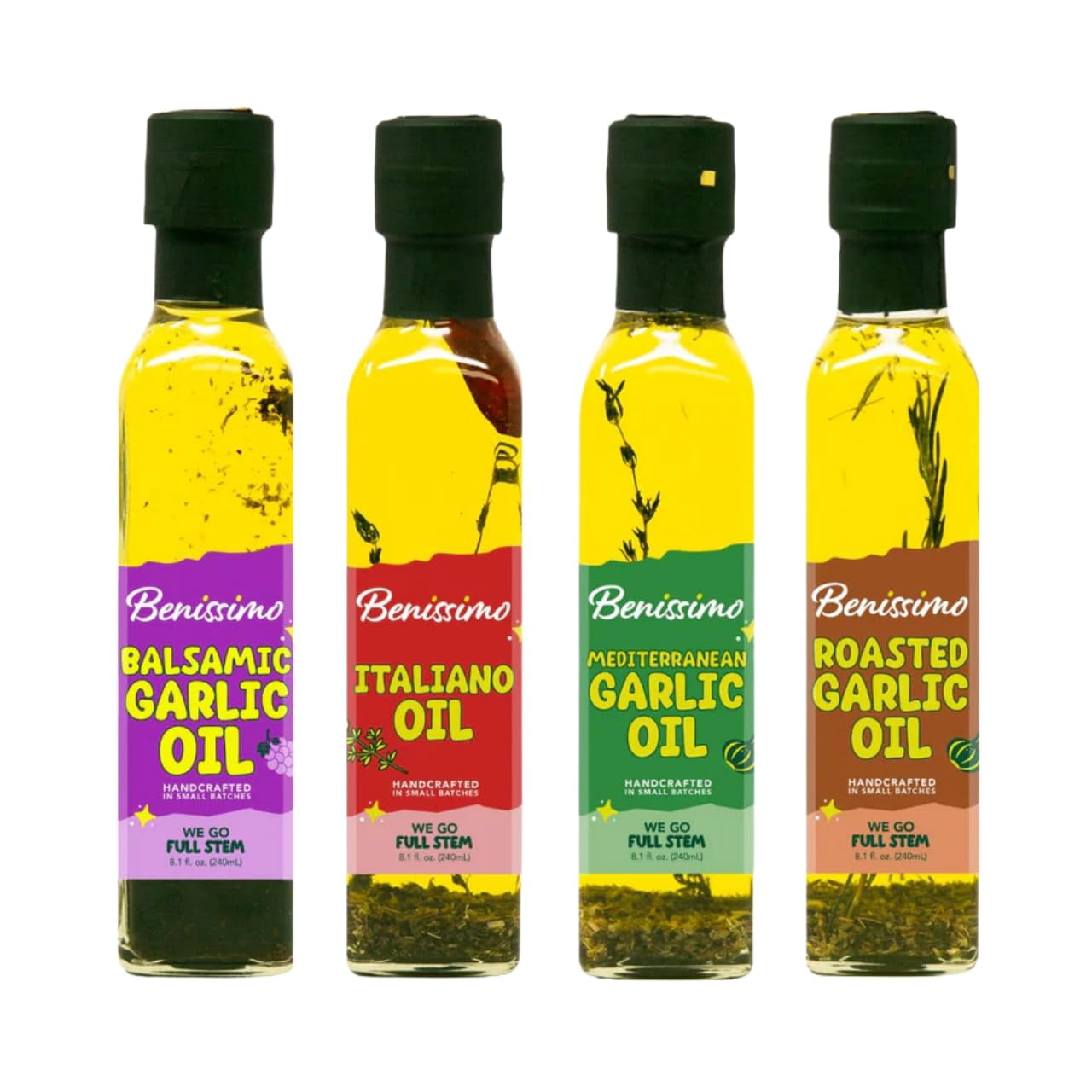 Benissimo Herb Infused Cooking Oil Chef Pack  4 Artisan Flavored Oils: Italiano, Roasted Garlic, Mediterranean Garlic & Balsamic Garlic  Gourmet Cooking Oil Gift Set, All Natural, 8.1 fl oz Each