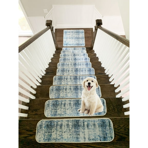 Benissimo Mercury Collection Modern, Printed Design Vibrant and Soft Stair Treads, Pack of 13 (0'9"x2'8") + 1 (2'7"x2'7") | Blue