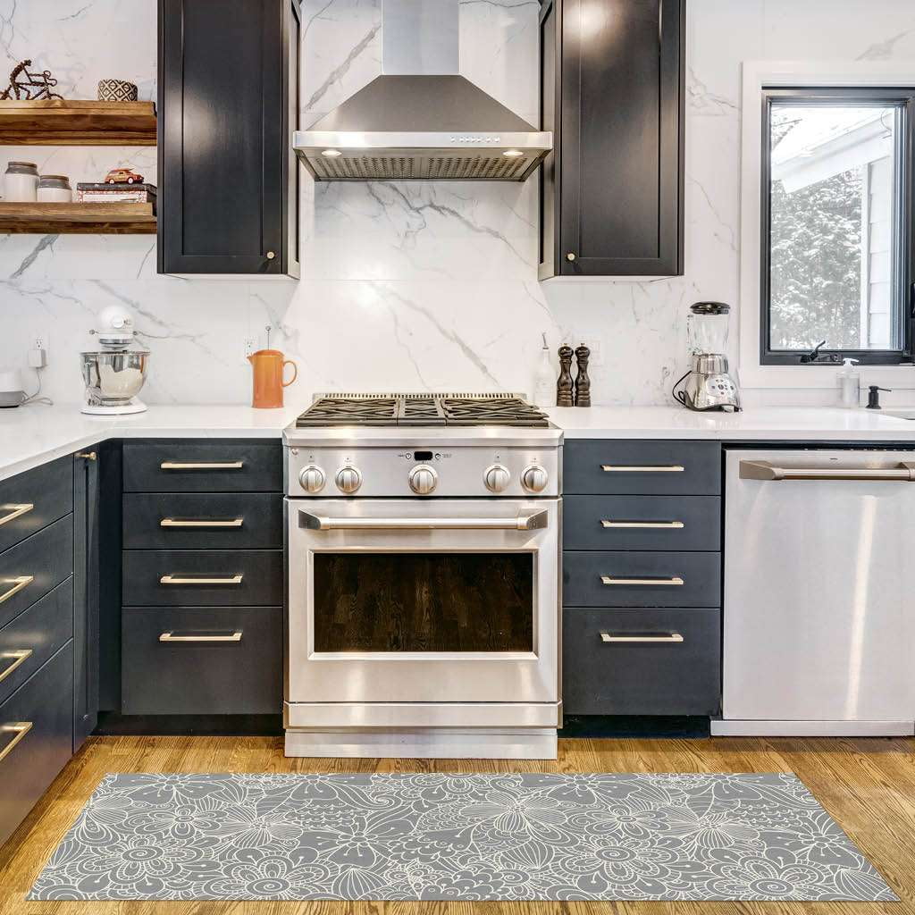 Benissimo 24‚Äùx56‚Äù UltraThin Kitchen Mat with NonSlip Backing, Waterproof, Gray Floral Line